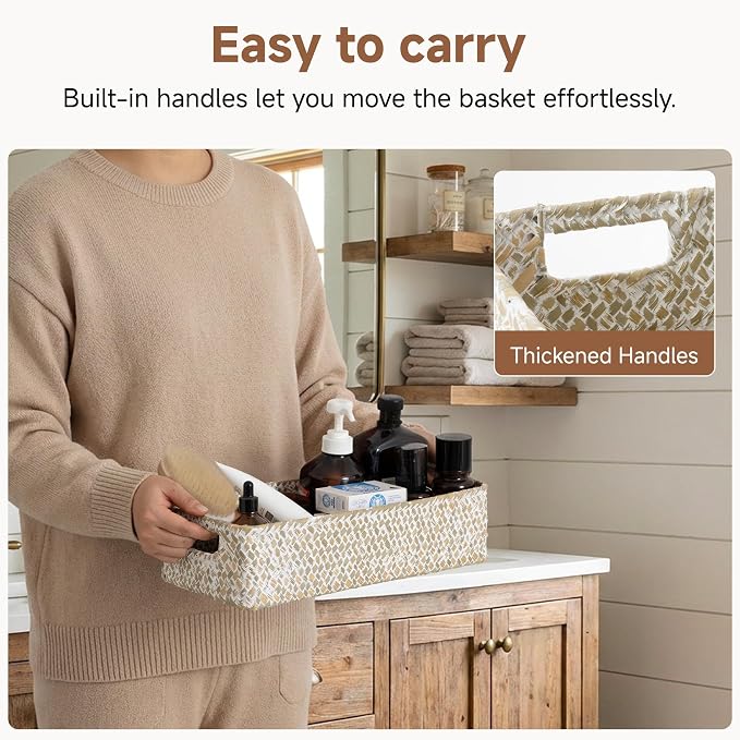 StorageWorks Wicker Toilet Paper Basket for Back of Toilet Baskets, Seagrass Bathroom Basket Organizer and Storage for Tank Topper, Small Tank Trays for Decor with Built-in Handles, Wipe White