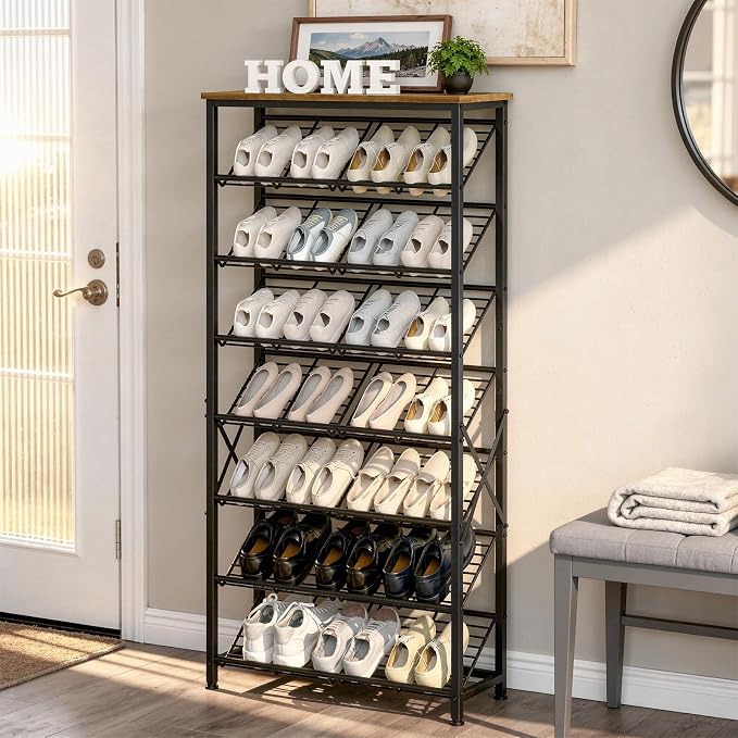 YATINEY 8-Tier Tall Shoes Rack, Slim Shoe Organizer for Entryway, Large-Capacity Thin Shoe Rack for Closet, Narrow Shoe Storage Shelf Holds 24-32 Pairs, Space Saving, Black and Rustic Brown SS26BR