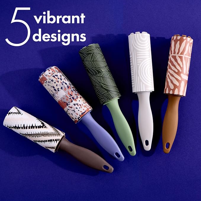 5pc Boho Mini Lint Roller Value Pack - Colorful Compact Rollers for Travel | Pet Hair & Lint Remover for Clothing & Household Use. Portable On-the-Go Lint Removers