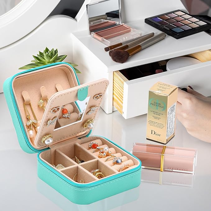 Neveika Jewelry Box with Mirror,Small Jewelry Organizer Box，Travel Jewelry Case for Women，Gift Jewelry Boxes for Female Girls (mirror blue)