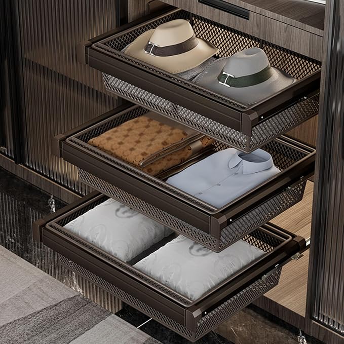 Expandable Cabinet Pull Out Basket,Aluminum Alloy Stackable Storage Bins,Height 6.69in Stackable Shelf Baskets Organizer,for Office Bathroom Bedroom(Brown,79.92-33.85in)