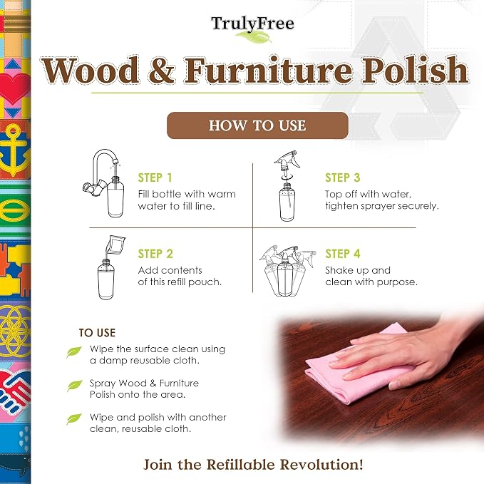 Truly Free Natural Wood Cleaner & Furniture Polish - Leather Cleaner, Vinyl, Furniture & Wood Polish, Helps Remove Water Stain, Unscented - 12 oz Reusable Empty Spray Bottle + One (3 oz) Fill Pack