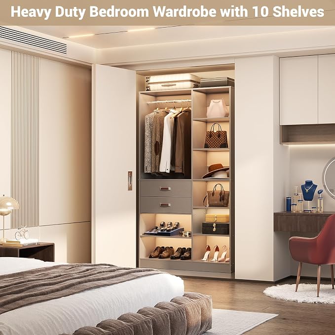 Armocity Freestanding Closet System, 40 Inches Stand-Alone Wardrobe with 10 Shelves, 80'' Height Adjustable Cloth Garment Rack with 2 Wood Drawers, Wood Walk-in Closet with Hanging Rod, Grey