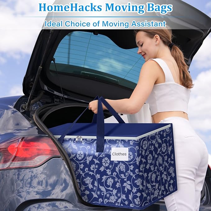 HomeHacks Moving Bags, Extra Large Size Moving Boxes, Heavy Duty Luggage Bags with Smooth Zipper and Sturdy Handles, Large Capacity & Easy Loading Storage Totes for Space Saver 100L, 8-Pack, Blue