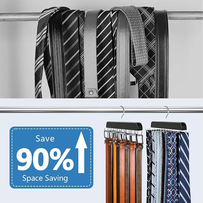 2 Pack Tie Rack & Belt Hanger 2 in 1 Tie Hanger Space Saving Max 42 Belts& 60 Ties Capacity for Closet Organizers and Storage, Sturdy Wood Belt & Tie Collection Organizer