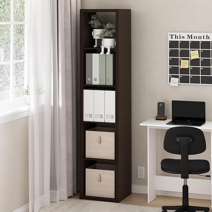 Furinno Cubicle 5-Cube Book Shelf, Extra Thick Frame Bookshelf, Dark Oak | Horizontally & Vertically Reversible Bookcase with Open Back, 14.6" x 16" x 72", for Living Room, Bedroom, Home Office