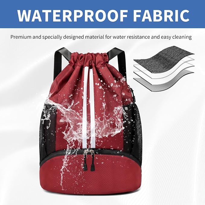 JELUTAR Drawstring Backpack Gym Bag with Shoes Compartment, Burgundy | Water-Resistant String Backpack for Soccer, Basketball, Swim, Beach Cinch for Women Men, 22 L Large Capacity, Wet Pocket