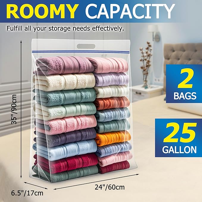 25 Gallon Jumbo Storage Bags, 3.5 Mil Thick Clear Plastic Zipper Bags with Handles, 35" x 24" Extra Large XL Heavy Duty for Home, Travel, and Moving (2 Packs)