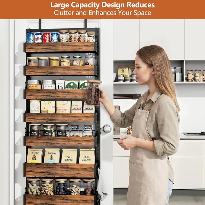 Over the Door Pantry Organizer: Storage and Pantry Organization with Hanging Basket - 8-Tier Metal Spice Rack Adjustable Shelves for Kitchen Laundry Room Bedroom & Bathroom Black