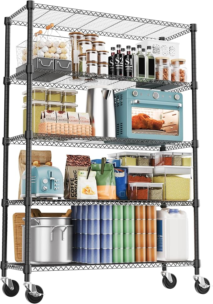 M MZG 1750LBS 47.2" W 5 Tiers Storage Shelves Metal Shelving Unit with Wheels Heavy Duty Garage Shelving Adjustable Wire Shelves for Pantry,Kitchen,Garage,Basement,Black 17.7" D x 47.2" W x 76.8" H
