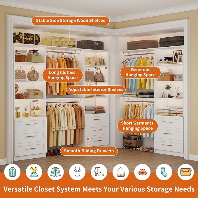 Closet System with 9 Drawers, 9-17FT Custom Closet Organizer System Wood with 9 Hanging Rods & Adjustable Shelves, Walk in Closet Organizer Shelving System, Modular Closet Systems Kits, 3 Sets, White