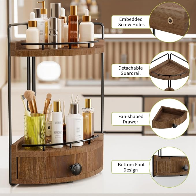 2-Tier Corner Bathroom Counter Organizer with Drawer, Dark Brown | Embedded Screw Holes, Wooden Countertop Organizers, Space-Saving, Bottom Ventilation Design, Counter Shelf for Vanity