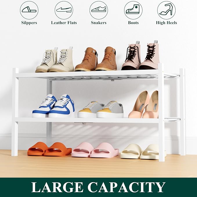 Smiry Bamboo Shoe Rack, 2 Tier Free Standing Wooden Shoe Organizer, Stackable Wood Shoe Storage Shelf for Closet, Entryway, 14 Vertical Slats, One-piece Heavy-Duty Legs, 26.8"x11"x13", White