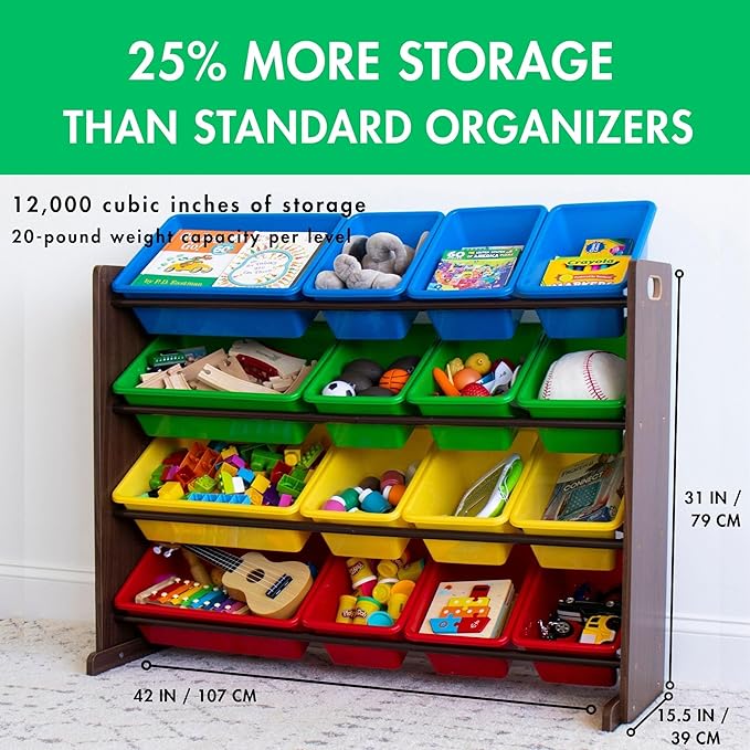 Humble Crew Toy Storage Organizer with 16 Removable Storage Bins for Kids Playroom, 4-Tier Toddler Toy Organization and Storage, Walnut/Primary