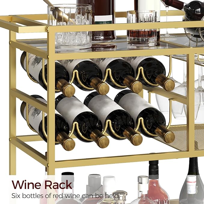 MAHANCRIS Bar Cart for Home, 3-Tier Serving Cart with Wheels and Handle, Beverage Cart with Wine Rack and Glass Holders, Rolling Wine Cart for Kitchen, Dining Room, Gold RCGD81B01