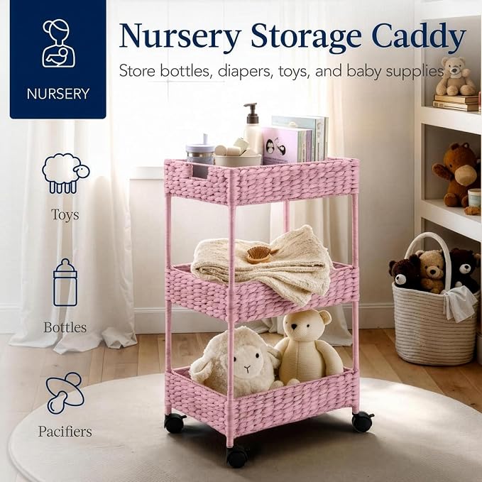Best Choice Products 3-Tier Water Hyacinth Rolling Nursery Caddy w/Wheels, Utility Cart, Storage Organization for Bathroom, Craft Room, Laundry Room - Pink