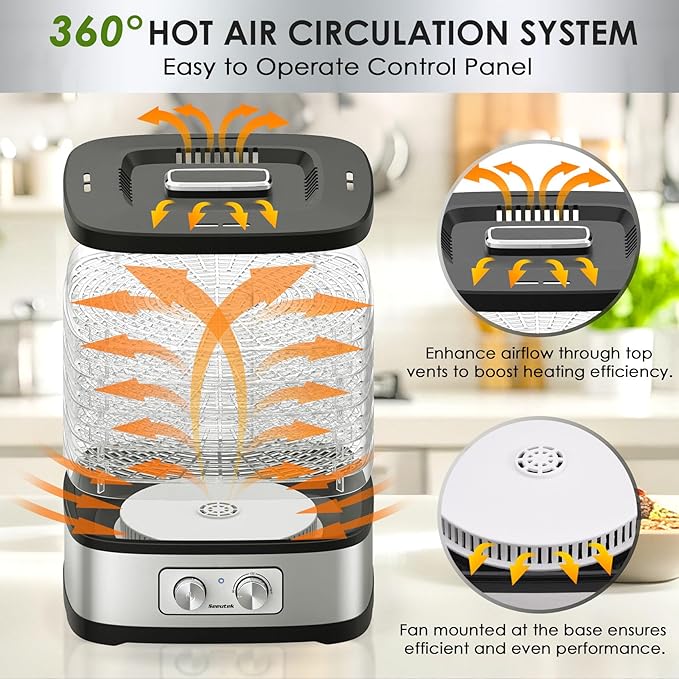 Seeutek Food Dehydrator, 5 BPA-Free Trays Food Dehydrator Machine with Adjustable Temperature Control for Beef Jerky, Fruits, Vegetables, Includes Recipe Book & 4 Reusable Storage Bags