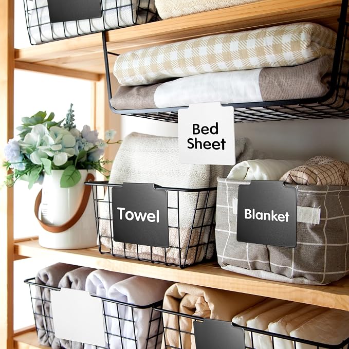 Siifert 100 Pcs Basket Labels Clip Set for Storage Bins Include Removable PVC Bin Label Holders with Chalk Markers for Kitchen Pantry Organization Labeling Box Shelf 48+2 96+4 (Black White)