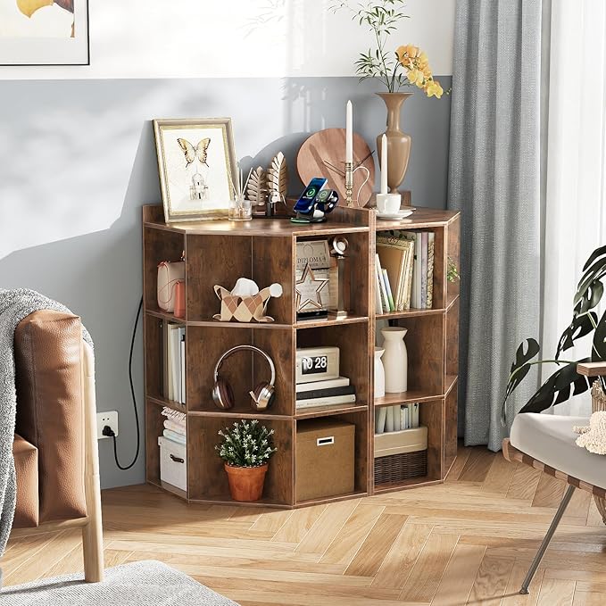 ALISENED 9 Cubes Brown Corner Cabinet, Corners Cube Shelf with USB Ports and Outlets, Toy Corners Storage for Small Space, Wooden Cubby Corner Bookshelf for Living Room, Bedroom, Dining Room, Kitchen