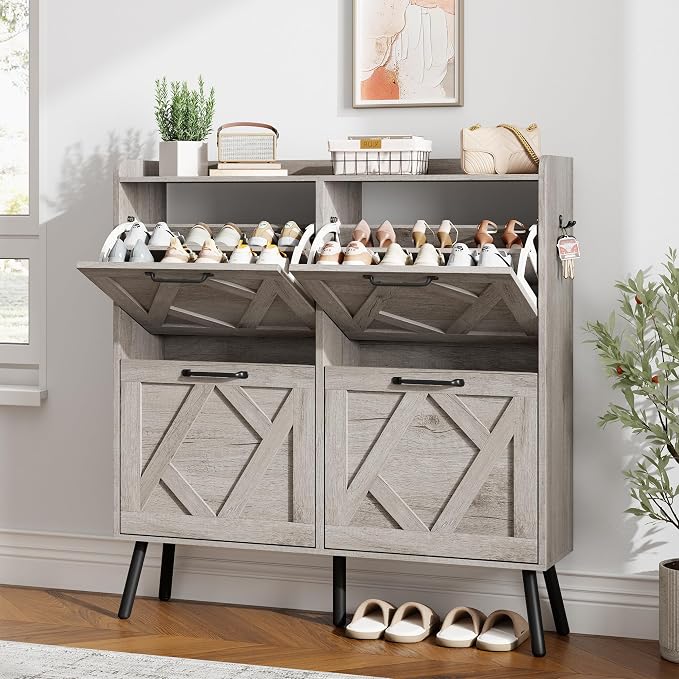 Nicetree Shoe Cabinet with 4 Flip Drawers, Freestanding Shoe Organizer Cabinet, Farmhouse Narrow Shoe Storage Cabinet for Entryway, Foyer, Hallway