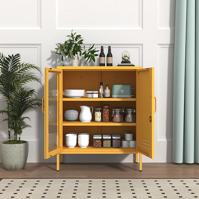 Metal Storage Sideboard with Lock, 33" H 2 Door Storage Cabinets with Adjustable Shelves, Durable Metal Accet Cabinet for Living Room Bedroom Entryway Yellow