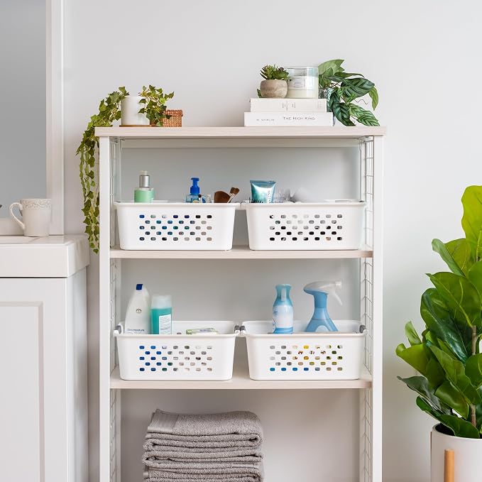 IRIS USA 4-Pack, Medium Plastic Storage Basket, White | Organize pantry items, office supplies, crafts, accessories, and household essentials with easy-carry storage for shelves