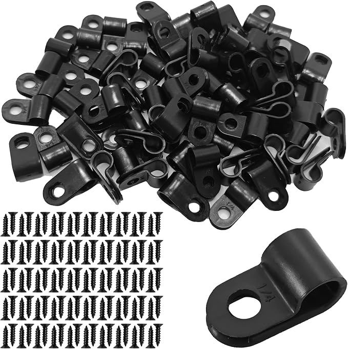 100Pcs R-Type Cable Clips 1/4" Black Nylon Plastic Wire Clamps with Mounting Screws, Cord Fastener Cable Management Organizer for Home Office Electrical Installation