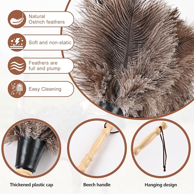 Ostrich Feather Duster 14" Natural Handheld Reusable Feathers Dusters with Wooden Handle for Cleaning Supplies Home Car Office(3PCS)