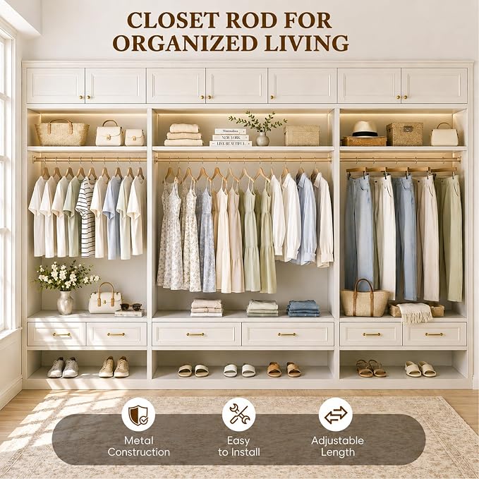 Heavy Duty Closet Rod, 17-39 IN Closet Rods for Hanging Clothes, Gold | Stepless Adjustable, Supports up to 66 lbs, Multiple Size Options, Easy Installation, Multi Purpose , Wall-Mounted