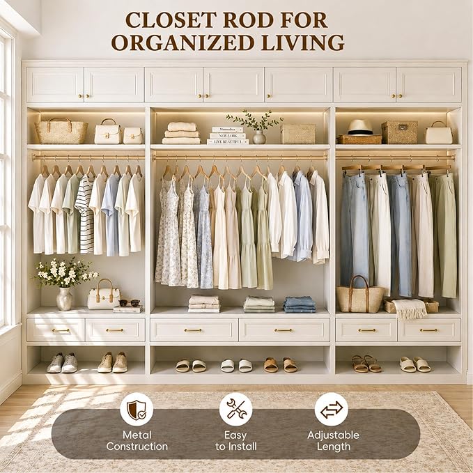 Heavy Duty Closet Rod, 17-28 IN Closet Rods for Hanging Clothes, Gold | Stepless Adjustable, Supports up to 66 lbs, Multiple Size Options, Easy Installation, Multi Purpose , Wall-Mounted