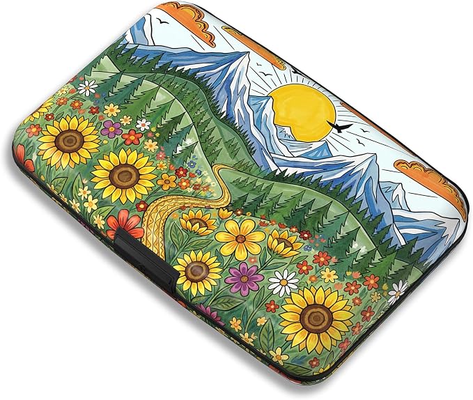 Maicican RFID Blocking Aluminum Credit Card Holder | Slim Metal Wallet for Women & Men, Business Card Case for Travel, Fits Front Pocket, Card holder wallet - Sunflower Mountain