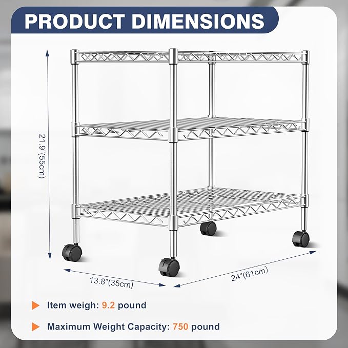 3-Tier Wire Shelf Rack,Kitchen Metal 3-Shelves Rack with Lockable Wheels | 24" Dx14 Wx22 H,Height Adjustable Wire Shelving Unit and Storage for Living Room,Laundry,Office,Pantry,Studio