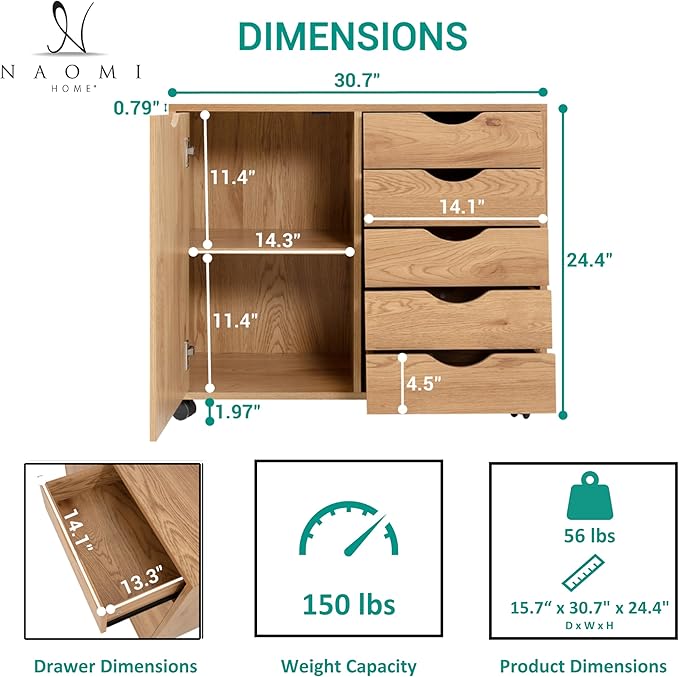 Naomi Home Wooden 5 Drawer Dresser with Cabinet Shelves and Wheels, Drawer Dresser for Bedroom Closet and Dressing Room Storage in Natural