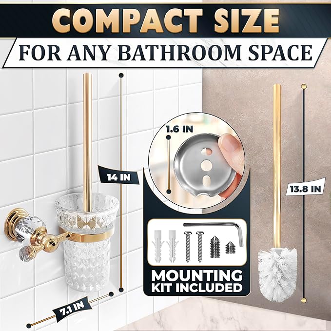 Toilet Brush and Holder Set, Wall Mounted, Clear Bowl (Gold Crystal) | Toilet Bowl Brush and Holder Set, Polished Gold Handle, Space-Saving Wall Mount, Stainless Steel Body, for Elegant Bathrooms