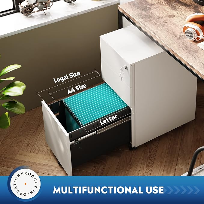 DEVAISE Slim File Cabinet with Lock, 3 Drawer Mobile Filing Cabinet for Legal/Letter/A4 Size, Fully Assembled Except Wheels, White