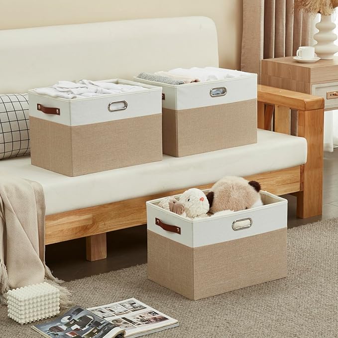 Bagnizer Large Collapsible Fabric Storage Bins with 3 Handles, Foldable Organizer Baskets for Closet, Shelves, Living Room | 3 Pack, Durable PU & Metal Handles (17"x11.8"x11.8", Beige & White)