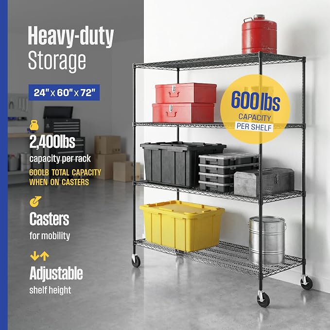 SafeRacks NSF 4-Tier Heavy Duty Steel Wire Rack w/Wheels (24"x60"x72")