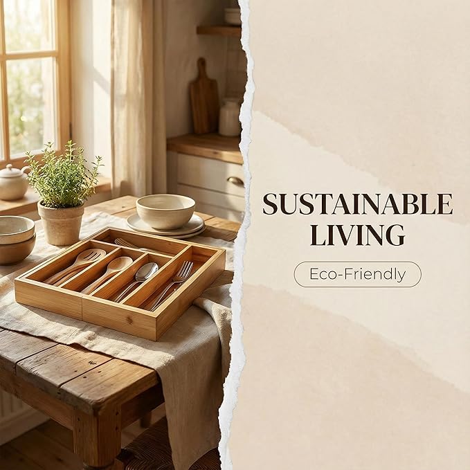 Bamboo Drawer Organizer - Expandable Kitchen Utensil Holder, Adjustable Silverware Drawer Organization, Kitchen Wooden Tray for Cutlery, Flatware & Stationery, 5-7 Slots (Natural)