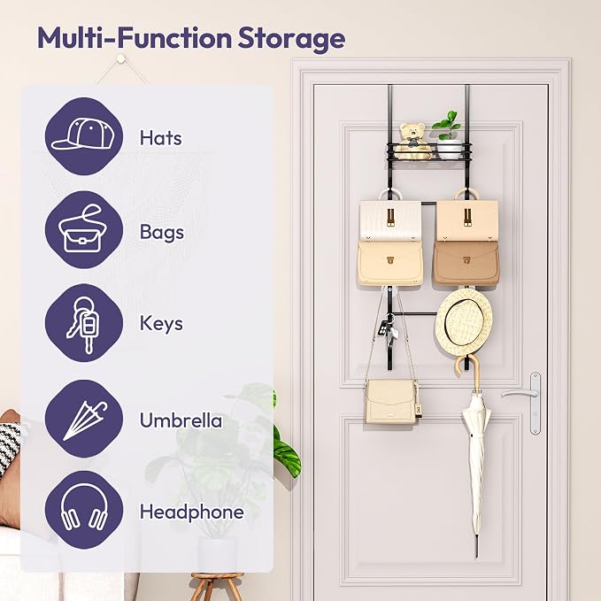 SWTYMIKI Over the Door Purse Organizer - Wall Mounted Handbag Organizer with 10 Hooks and Metal Basket, Hanging Purse Storage Rack Holds up to 10 Bags, Bag Rack Can Use As 1/2 Part, for Door, Closet