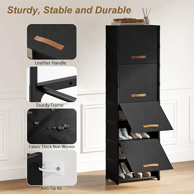 9 Tier Shoe Cabinet with Door, 18-Pair Rack for Closet Black | Non-woven & metal frame, stable. Door blocks dust & pets. DIY split for spaces. Easy assembly.