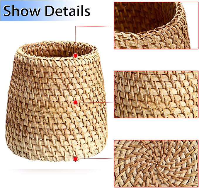 BTSKY 3 Pack Rattan Pen Cup, Handmade Desk Pencil Holders Makeup Brush Holder Multi-Functional Woven Basket Office&Home Desktop Organizer (Cone)