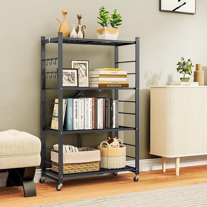 Fenbeli Foldable Shelves with Wheels - 4 Tier Folding Shelf, Collapsible No Assembly Metal Shelving Unit, Origami Storage Shelves & Rolling Storage Rack with 8 Hooks for Kitchen Pantry Garage