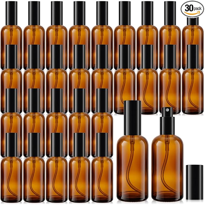 Roshtia 30 Pcs Glass Spray Bottle Clear Empty Bottles Small Refillable Reusable Perfume Bottle with Fine Mist Sprayer Pump for Face Body Travel(3.4 oz,Black Amber)