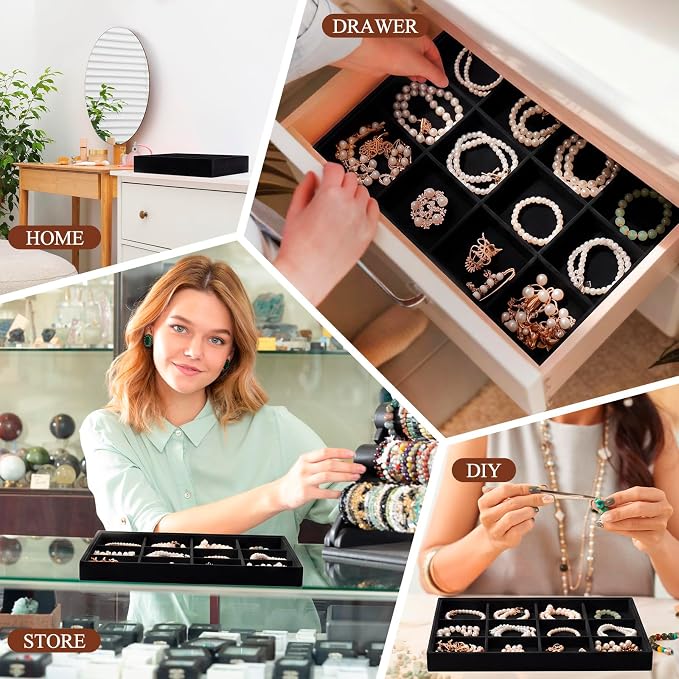 Cinnvoice 4 Pcs Stackable Jewelry Organizer Tray, 12 Grids Velvet Bracelet Ring Necklace Tray, Jewelry Organizer Trays for Drawer Display Selling Bangle Necklace Earring Showcase Storage(Black)