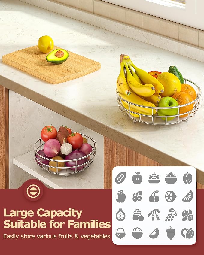 Sevenblue 2 Tier Modern Fruit Basket for Kitchen Counter, Silvery | Space-Saving Vertical Storage for Veggies, Bread, Snacks, Fits Under Cabinets, includes 2 banana hooks and protective mats