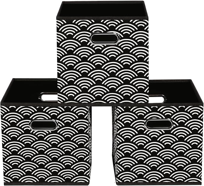Fabric storage bins Cubes, Fabric Cube Organizer with Handle, Foldable Cube Bins for Cloth or Accessary Storage, 11x11x11, Set of 3, (Black clouds)