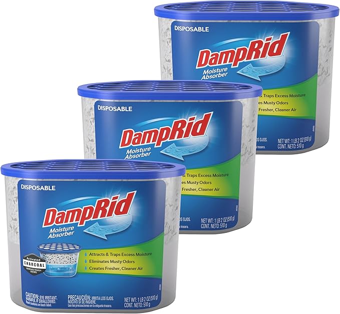 DampRid Fragrance Free Disposable Moisture Absorber & Odor Remover with Activated Charcoal, 18 oz., 3 Pack, Lasts Up To 60 Days, No Electricity Required