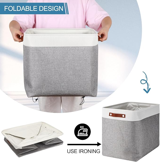 Uiifan 10 Pcs Collapsible Storage Bins Fabric Foldable Storage Basket with Handles Cloth Organizer Linen Shelf Baskets for Shelves Home Closet Nursery Toys(17 x 15 x 12 Inch,Gray and White)