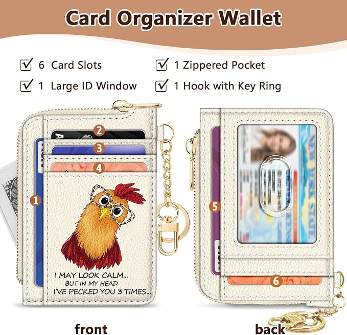 GIANCOMICS Slim Wallet Credit Card Holder Women, Funny Chicken Rfid Blocking Small Card Case, Keychain Thin Pocket Curved Zipper Wallet, Travel Card Holder PU Leather ID Window, Ladies Female Gifts