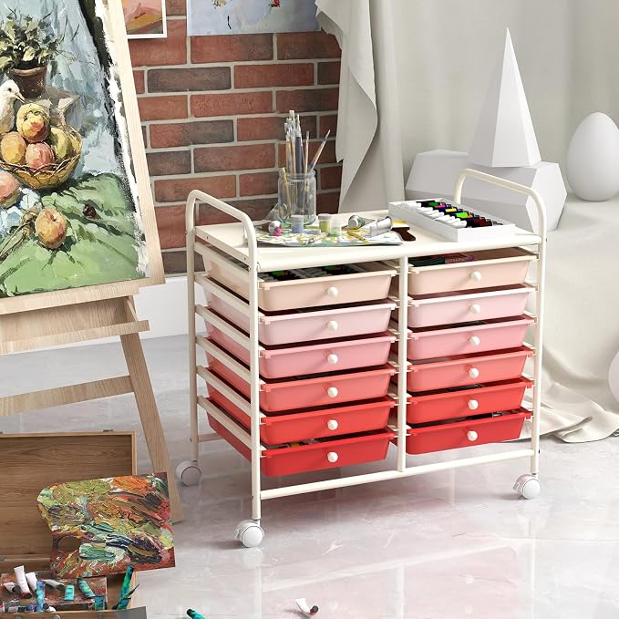LDAILY 12 Drawer Rolling Storage Cart, Craft Cart Organizer on Wheels w/Metal Frame, Large Capacity & Smooth Drawer, Rolling Cart w/Drawers for Classroom, Office